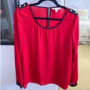 Women's Red Blouse with Black Trim and Button Detail Size Large